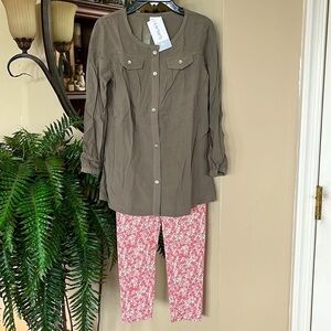 Brand New Carter’s 2-Piece Set Olive Green Botton Up Peasant Top Floral Leggings